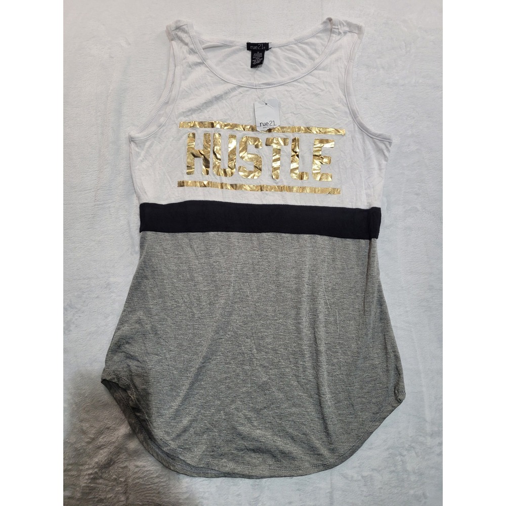 NWT rue21 Hustle Graphic Tank Top Women Medium Gray White Gold Colorblock Scoop